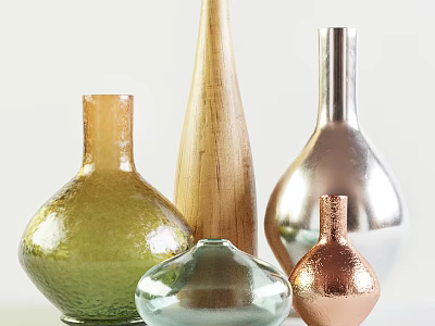 Stylish Green Glass Wooden And Metal Vases With Round And Tall Shapes For Home Decor 3d model