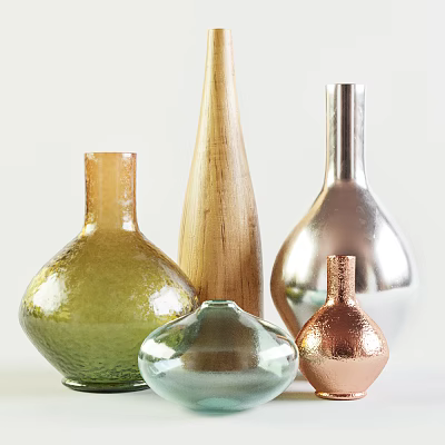 Stylish Green Glass Wooden And Metal Vases With Round And Tall Shapes For Home Decor 3d model