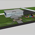 Modern Sales Office Building with Glass Facade Landscaped Garden Green Lawn Colorful Flowers Trees Pathways