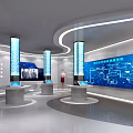 Modern Exhibition Hall With Large Blue Screen Diagrams Tall Column Display And White Cabinets