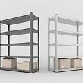 Gray and White Multi Tiered Display Shelves with Storage Boxes on Bottom Tier 3d model
