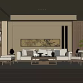 New Chinese Style Song Guest Restaurant Sofa Coffee Table Combination Sideboard Dining Table Chair Sofa Background Wall 3d model