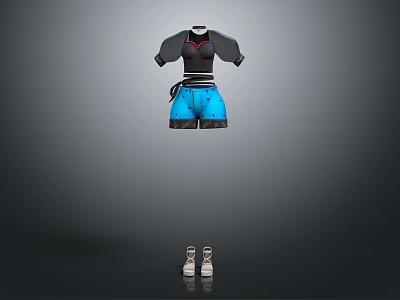 Fashionable Black Short Sleeved Top Red Accents Blue Shorts Black Details White Shoes 3d model