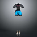 Fashionable Black Short Sleeved Top Red Accents Blue Shorts Black Details White Shoes