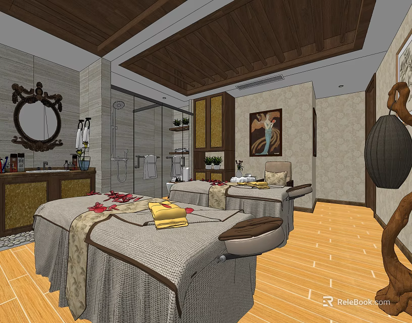 Beauty Salon Interior With Massage Tables Towels Wooden Flooring Mirror And Decorative Painting Spa Treatments 3d model 