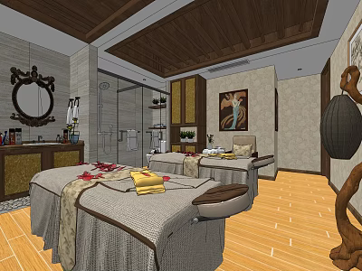 Beauty Salon Interior With Massage Tables Towels Wooden Flooring Mirror And Decorative Painting Spa Treatments 3d model