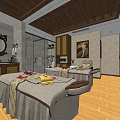 Beauty Salon Interior With Massage Tables Towels Wooden Flooring Mirror And Decorative Painting Spa Treatments