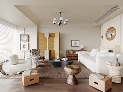 Modern Living Room Interior Design With White Sofa Chandelier Rug And Wooden Floor 3d model