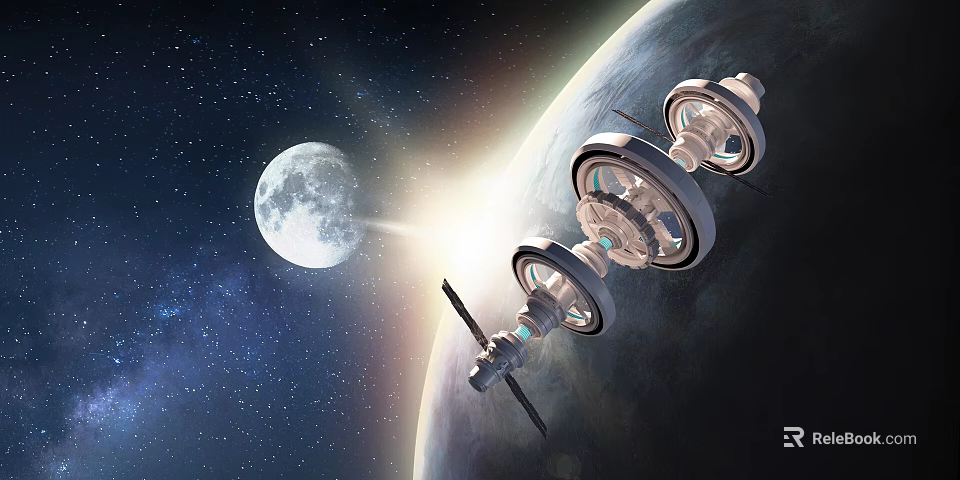 Space Themed Landscape Sculpture With Orbital Structure Earth Moon And Starry Sky 3d model 