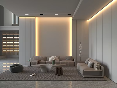 Modern Minimalist Living Room Sofa And Coffee Table Combination With Soft Warm Ambient Lighting 3d model