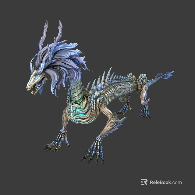 Mythical Dragon Character With Blue Mane Glowing Scales Sharp Claws And Spiked Back 3d model