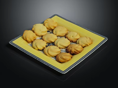 Delicious Butter Cookies on Yellow Square Plate with Decorative Edge and Black Background 3d model