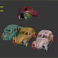 Vintage Old Beetle Cars In Red Green Yellow And White With Rustic Look