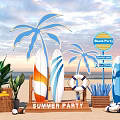 Summer Beach Party Setup With Blue Palm Tree Decorations Surfboards Lifebuoy And Wooden Signs
