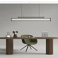 Modern Wooden Desk With Cylindrical Legs Green Chair Laptop And Pendant Light