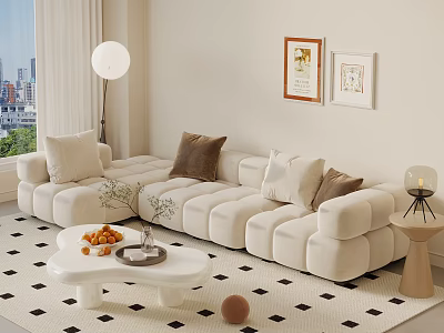 Modern Beige Modular Sofa Coffee Table Set With Pillows Wall Art And Checkered Rug 3d model