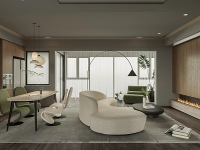 Modern Living and Dining Room Interior Design With Curved Sofa Dining Table and Fireplace 3d model