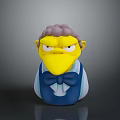 Cartoon Bird Character With Purple Curly Hair Yellow Body Blue Vest And Bow Tie