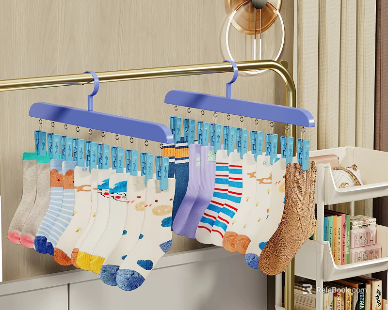 Colorful Patterned Socks Hanging On Blue Hangers With Clothespins Near Bookshelf 3d model 