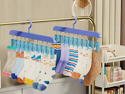 Colorful Patterned Socks Hanging On Blue Hangers With Clothespins Near Bookshelf 3d model