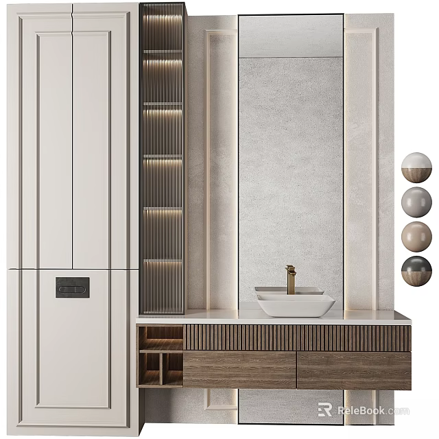 Modern Bathroom Vanity With Wooden Cabinets Marble Countertop Wall Mirror And Brass Faucet 3d model 