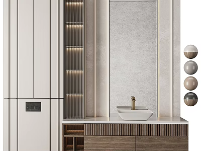 Modern Bathroom Vanity With Wooden Cabinets Marble Countertop Wall Mirror And Brass Faucet 3d model