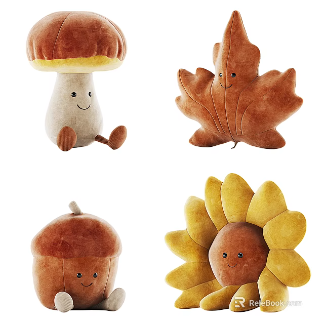 Cute Plush Stuffed Dolls with Mushroom Maple Leaf Acorn Sunflower Shapes and Smiling Faces 3d model 