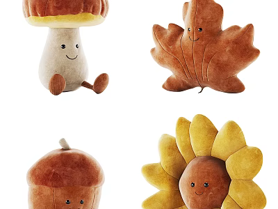 Cute Plush Stuffed Dolls with Mushroom Maple Leaf Acorn Sunflower Shapes and Smiling Faces 3d model