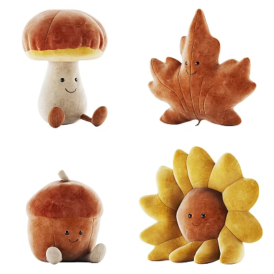Cute Plush Stuffed Dolls with Mushroom Maple Leaf Acorn Sunflower Shapes and Smiling Faces 3d model