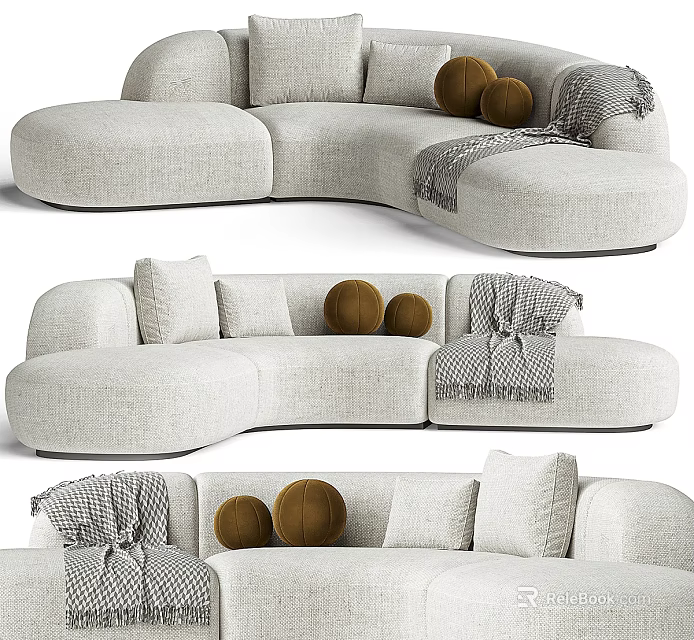 Curved Sectional Sofa Beige Linen Upholstered With Round Pillows And Checkered Throw Blanket 3d model 