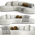 Curved Sectional Sofa Beige Linen Upholstered With Round Pillows And Checkered Throw Blanket
