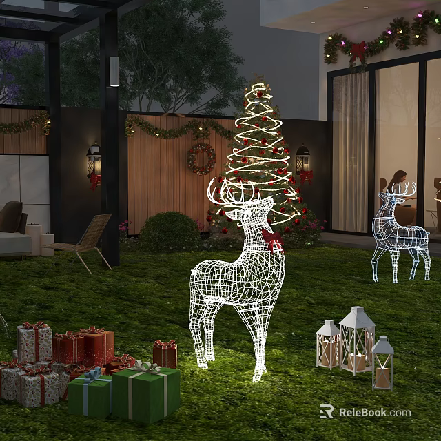 Festive Outdoor Garden Landscape With Lighted Reindeer Christmas Tree Gift Boxes And Lanterns 3d model 