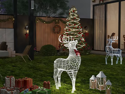 Festive Outdoor Garden Landscape With Lighted Reindeer Christmas Tree Gift Boxes And Lanterns 3d model