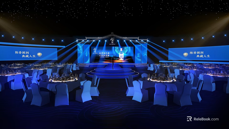 Elegant Banquet Hall With Starry Ceiling Stage Blue Lighting Round Tables And Chair Covers 3d model 
