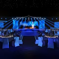 Elegant Banquet Hall With Starry Ceiling Stage Blue Lighting Round Tables And Chair Covers