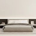 Modern Minimalist Double Bed With Two Tone Wall Headboard And Wooden Nightstands in Simple Bedroom