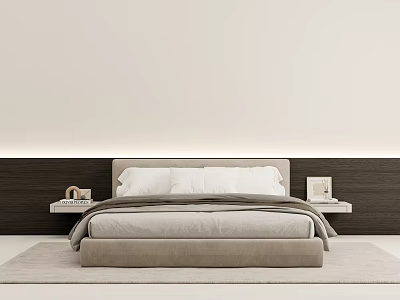 Modern Minimalist Double Bed With Two Tone Wall Headboard And Wooden Nightstands in Simple Bedroom 3d model