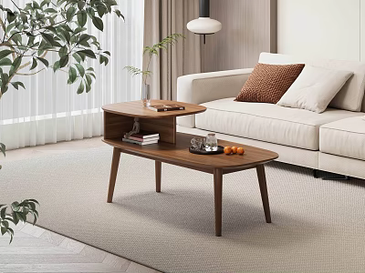 Modern Wooden Coffee Table With Lower Shelf Sofa Pillows And Plants In Living Room 3d model