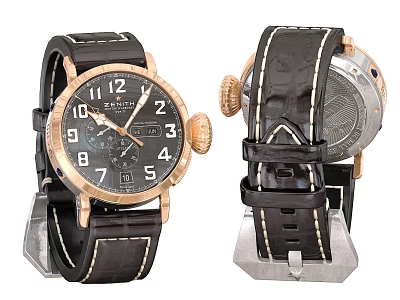 Men's Mechanical Watch with Black Dial Rose Gold Bezel and Leather Strap Design 3d model