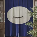 Blue Curtains With Circular Ink Painting Pattern Featuring Small Boat And Bamboo 3d model