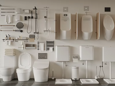 Modern Bathroom Urinals Display With Toilet Towel Racks And Shower Accessories 3d model