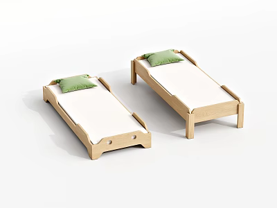 Two Wooden Children's Beds With Simple Design Light Wood Frame White Mattress And Green Pillows 3d model
