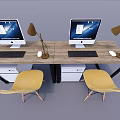 Functional Desk With Two Computer Monitors Table Lamps Drawer Cabinets And Yellow Chairs 3d model