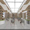 Modern Teahouse Interior With Wooden Shelves Tea Sets Seating And Green Plants
