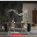 Modern Dining Table Set With Wooden Table Chairs Black Stone Wall And Pendant Light