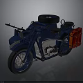 Vintage Blue Motorcycle With Sidecar Spare Tire And Red Storage Box