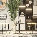 Modern Leisure Chairs With Cross Back Design Green Plant Bookshelf And Decorative Mirror
