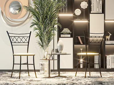 Modern Leisure Chairs With Cross Back Design Green Plant Bookshelf And Decorative Mirror 3d model