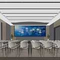 Modern Conference Room Interior With Large Digital Screen White Chairs Wooden Walls And Potted Plants