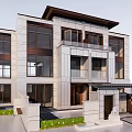 Modern Chinese Style Townhouse Exterior Design With Two Story Grand Entrance And Stone Pillars